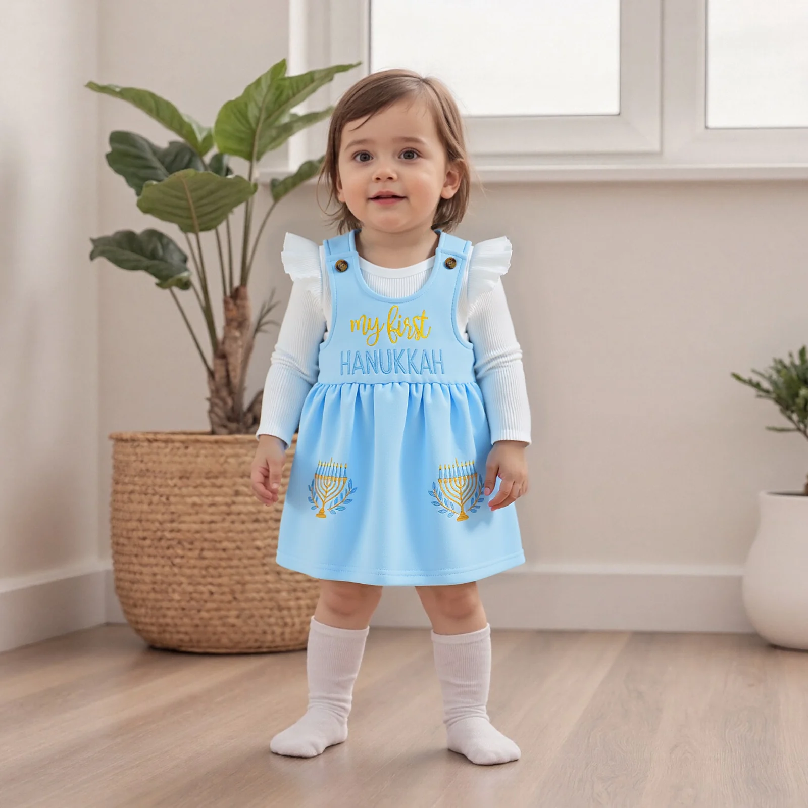 

Одежда для малышей, наряды для Хануки для девочек, однотонный комбинезон в рубчик с длинными рукавами, подсвечник с надписью, вышивка, платье трапециевидной формы, комплект из 2 предметов