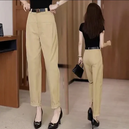 Imagen 2 del producto Pantalones de traje hasta el tobillo para mujer, pantalones de cintura alta, pantalones elegantes que combinan con todo, Color sólido, moda informal Harem, primavera y verano, nuevo