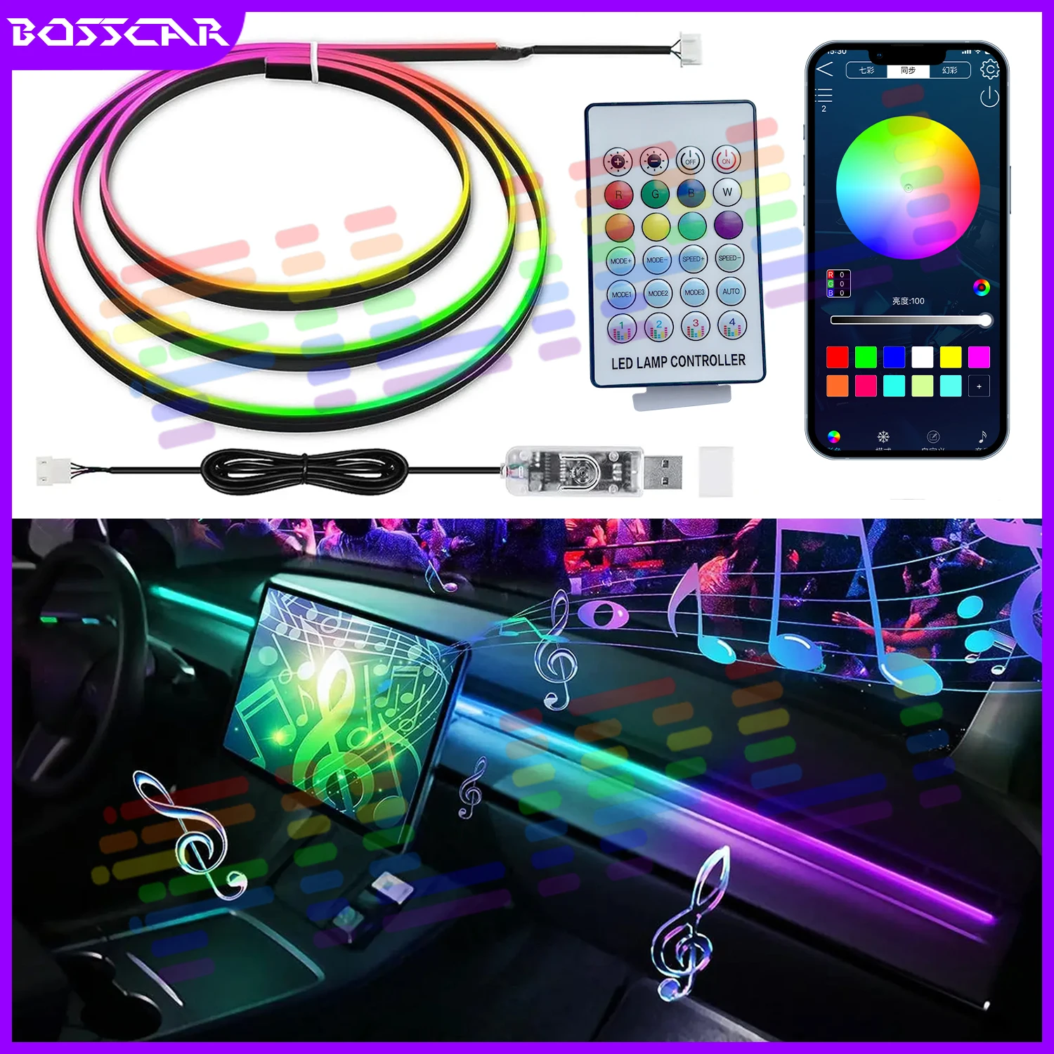 

Car LED Ambient Light USB 64 Colors Acrylic Strips 110cm Full Colors RGB Car Interior Hidden App Remote for Tesla Model 3 Y S X