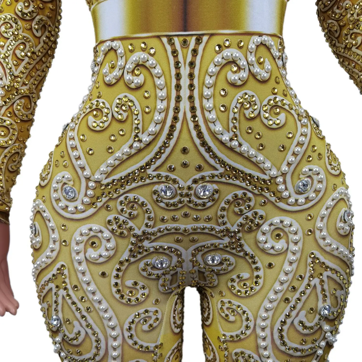 Sexy Sparkly Rhinestones Gold Spandex Jumpsuit Long Sleeve Birthday Party Outfit Dancer Singer Show Rompers Stage Wear Quanquan