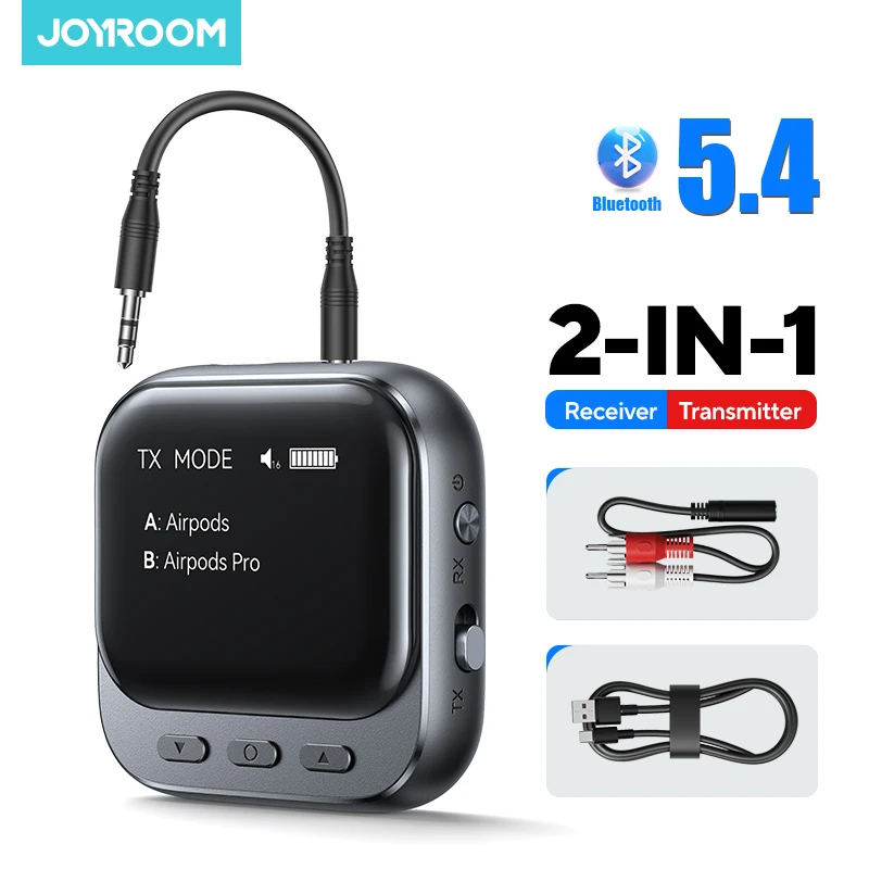 Joyroom Trasmettitore ricevitore Bluetooth 5.4 per auto Adattatore Bluetooth per auto AUX 2 in 1 con display a LED per chiamate in vivavoce/musica per auto