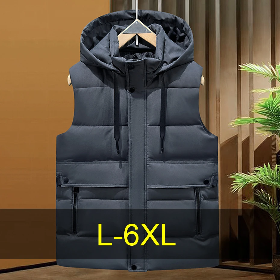 

Winter Thick Vest Men 6XL Plus Size Vests Winter Padded Vests Male Fashion Casual Solid Color Sleeveless Jacket Big Size 6XL