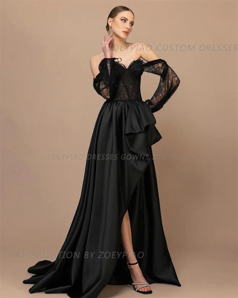 Black Lace Sexy Slit Evening Dresses for Wedding Satin Off Shoulder Prom Gowns Formal Celebrity Party Dress robes de soirée