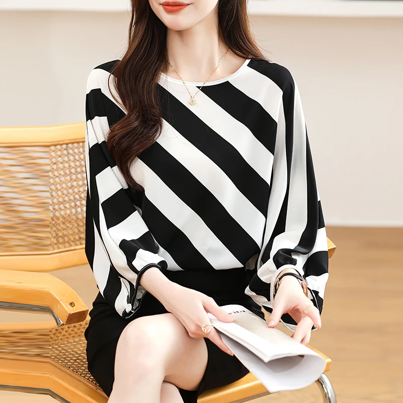 Women Summer Simplicity Striped Loose Office Lady Pullover O-neck 3/4 Sleeve Shirts Women Clothes Casual All-match Elegant Tops