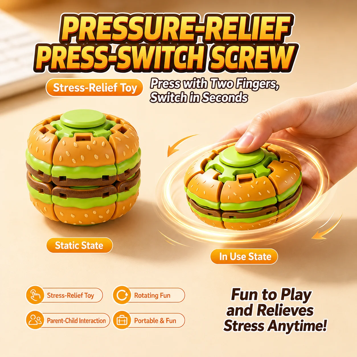 Novelty Hamburger Rotating Fidget Toy Press‑to‑Spin Gyro Ball Smooth Spin Sensory Stress Relief Gadget Table Decor Present