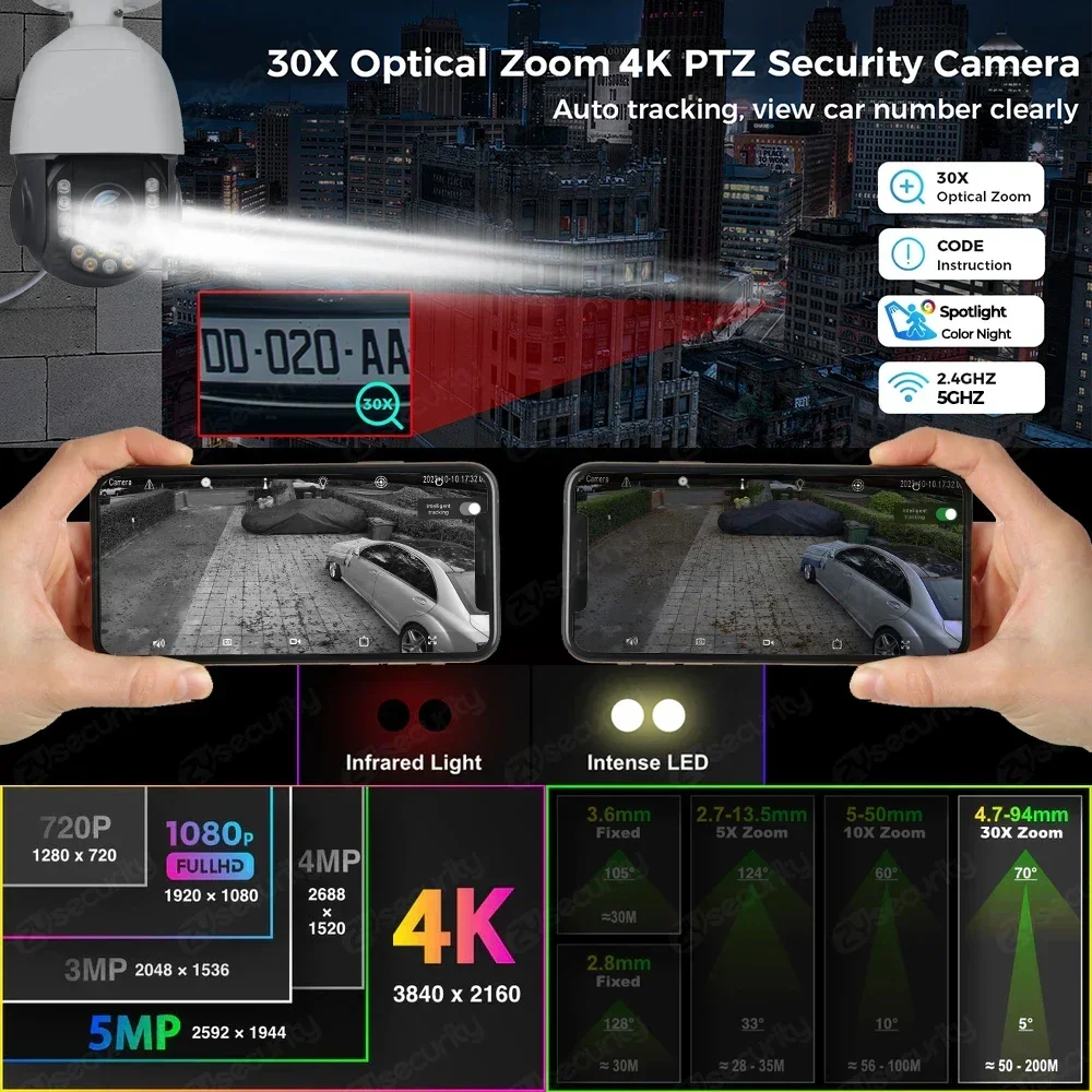 4K PTZ Camera Outdoor 30X Optical Zoom IP Camera Color Night Vision Auto Tracking 8MP 2.4/5GHz WiFi Wireless Security Cameras