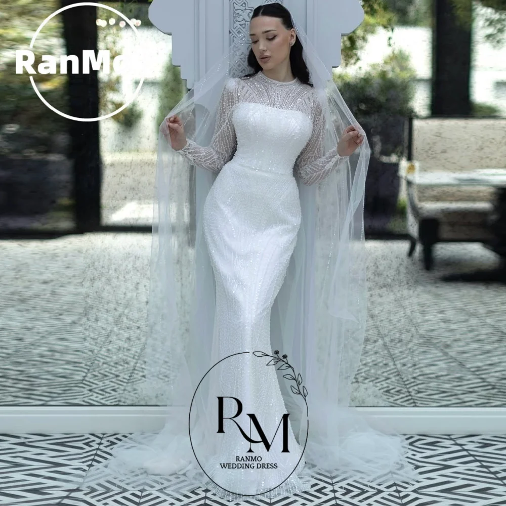 Abito da Sposa Ranmo Personalizzato con Scollo a O, Perline e Pizzo, Maniche Lunghe, Nuovo Modello 2026, Stile Sirena, Lunghezza a Terra con Strascico