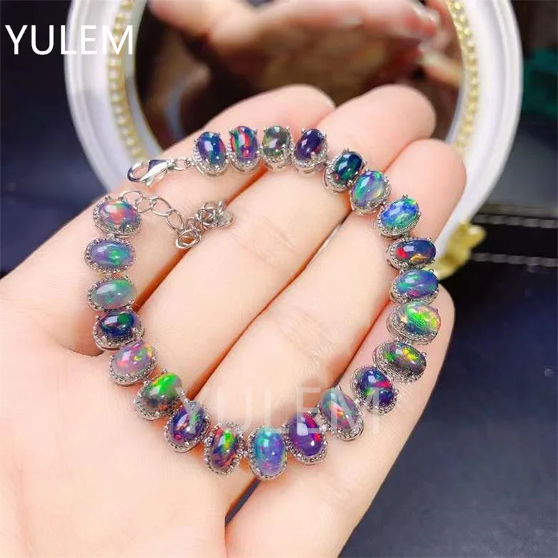 YULEM Natural  Black Opal Bracelet 925 Sterling Silver Rainbow Fire Black Opal Bracelet Women Jewelry For Gift