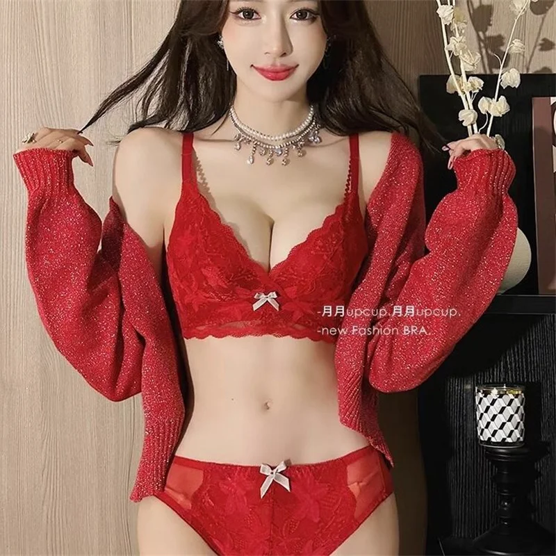 Red Underwear Women\'s Panties and Bra Set Lace Seamless Bras Push Up Sexy Backless Lingerie Women Lenceria Para Mujer Bralette