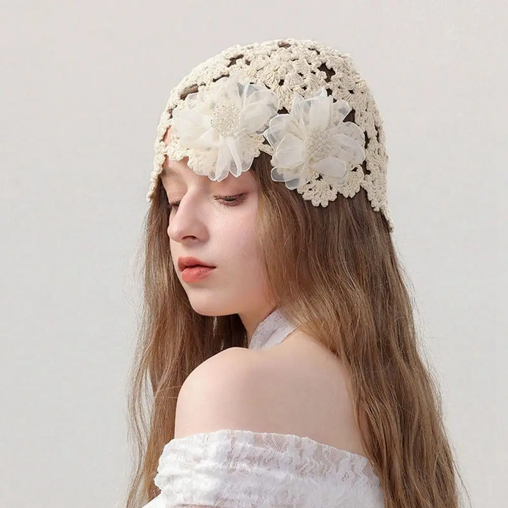 Sweet Hollow Out Crochet Hollow Flower Knitted Hat Elegant Pearl Warm Warm Beanies Hat Pullover Thin Knit Cap Autumn