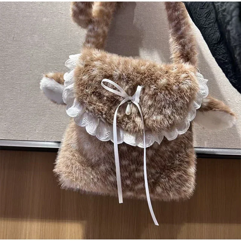 Japanische Hirsch gefleckte Band Plüsch Unterarm Umhängetasche, Mori Girl Elch flauschige Frauen Geldbörse, Winter süße Woodland Fairycore Handtasche – Detail 7