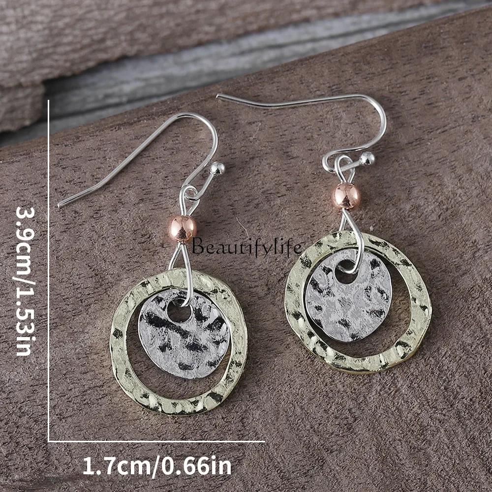 European and American retro simple round ring overlapping two-color earrings simple niche alloy earrings