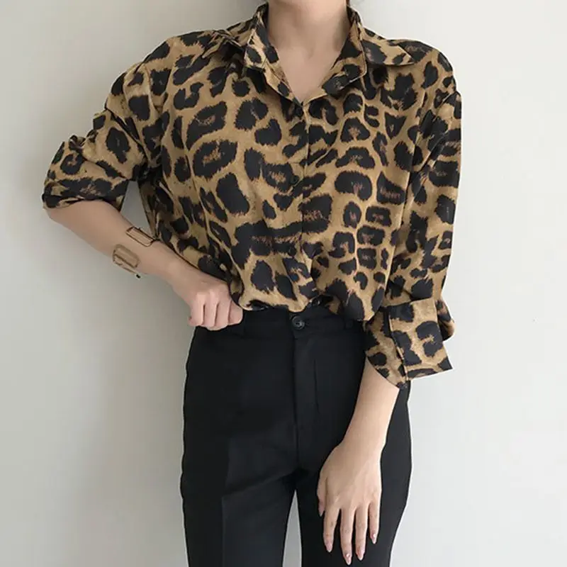 Korean Style Retro Leopard Print Lapel Single Breasted Loose Casual Long Sleeved Shirt Autumn New Fashionable Elegant Lady\'s Top