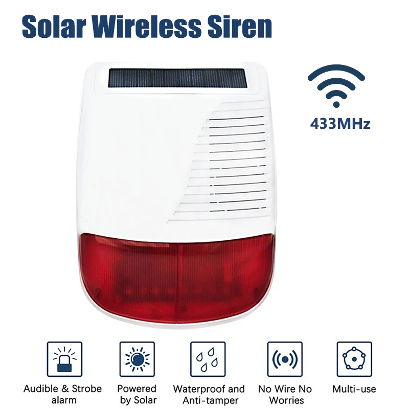 

Outdoor 433MHz Wireless Solar Siren Waterproof Light Flash Strobe Alarm For Home Security Burglar Wifi Alarm System