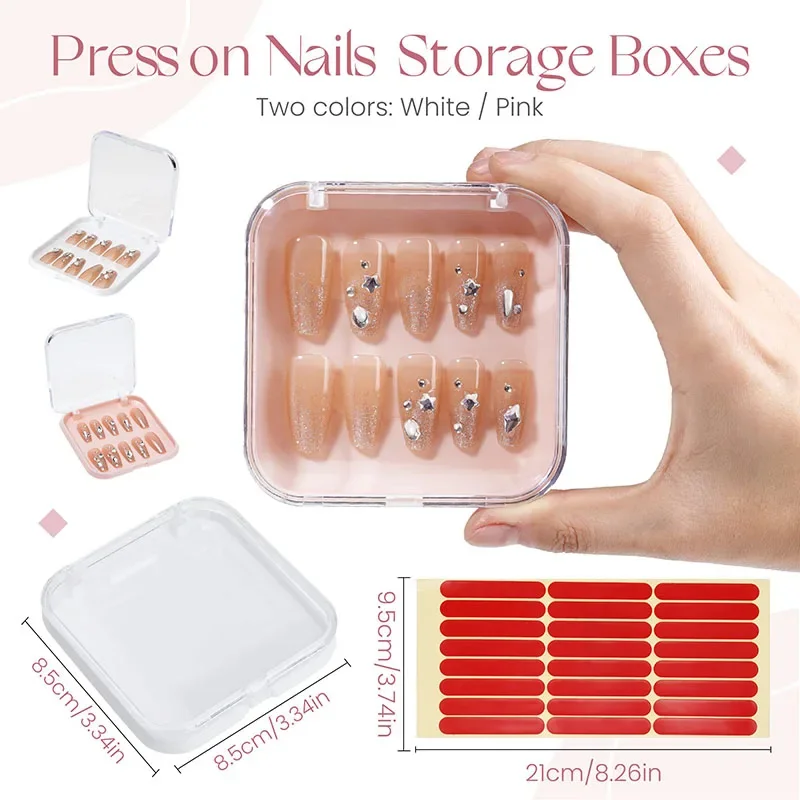 12Pcs Pink Press on Nails Acrylic Boxes Packing Cases with Tape Clear Nail Display Box for Home Nail Salon in 4 Color For Nail