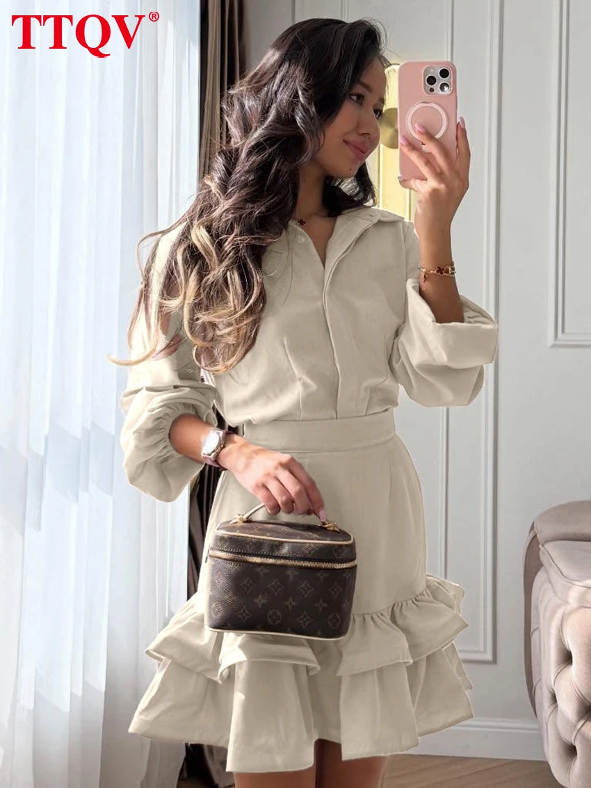 

TTQV Fashion Loose Apricot Cotton Women's 2-Piece Sets 2026 Elegant Long Sleeve Shirt With High Waist Mini Skirt Set Female