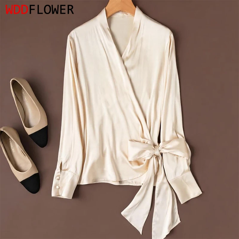 

19 Momme 93% Mulberry Silk 7% Spandex Solid Champagne Color V-neck Bow-tied Waist Women Long Sleeve Shirt Top Office Work M1591