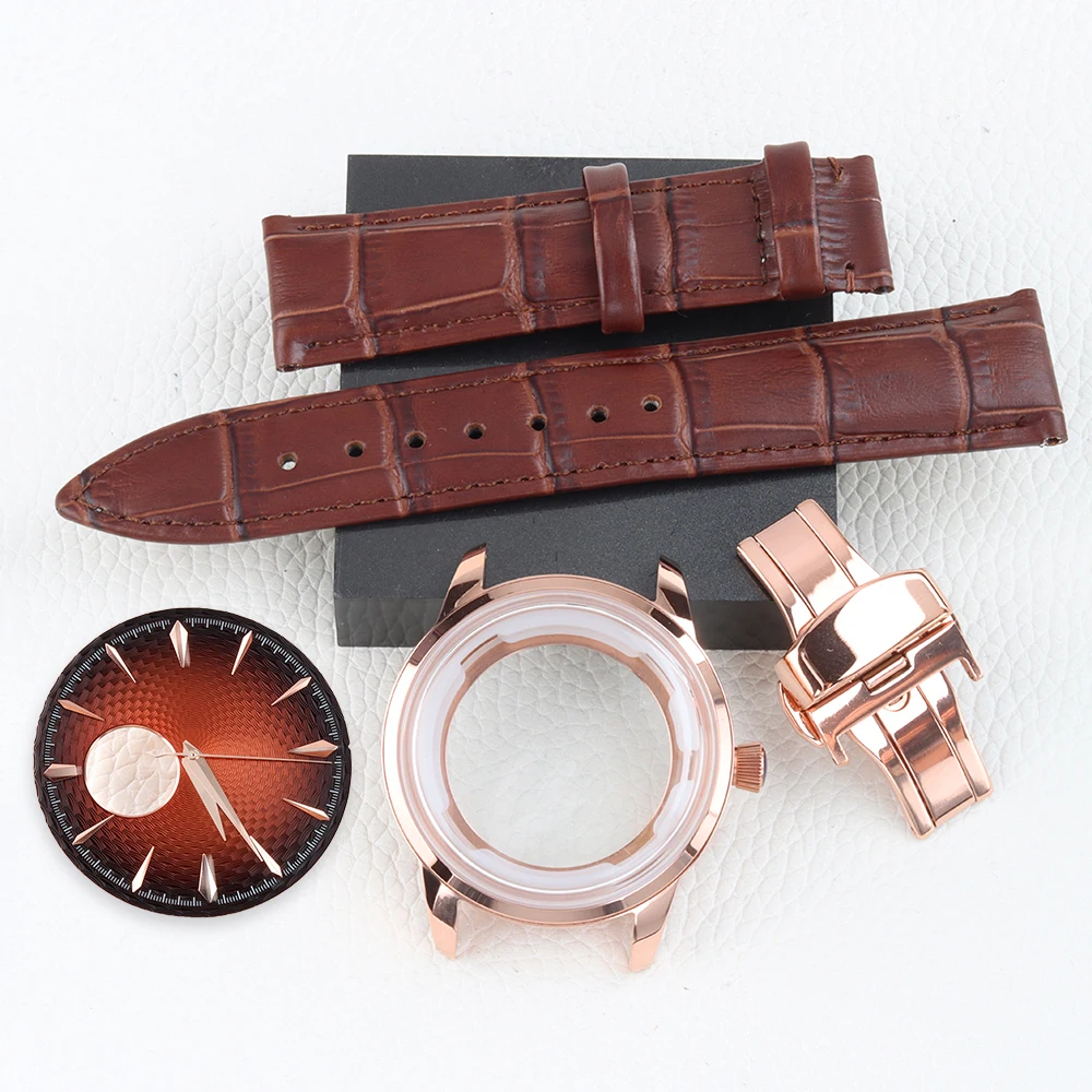 Rose Gold 40mm Arched Glass Watch Case Brown Leather Bracelet Waterrpoof Fit seiko Cocktail Time Presage NH38 Movement 35mm Dial