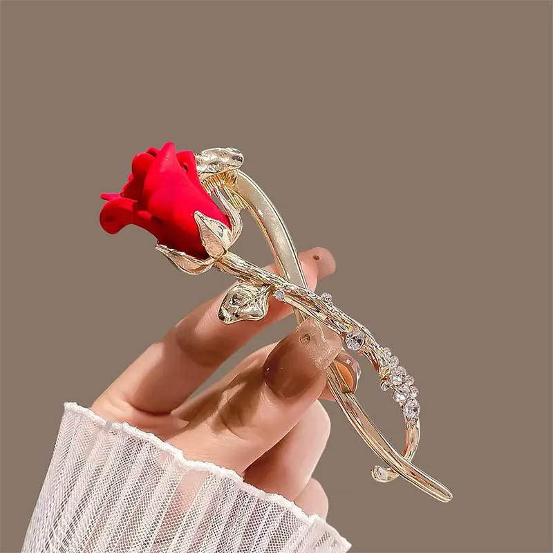 New Korean Red Rose Flower Twisting Hairpin Zircon Metal Pan Head Straight Hair Buckle Elegant Women\'s Fashion Hair Jewelry