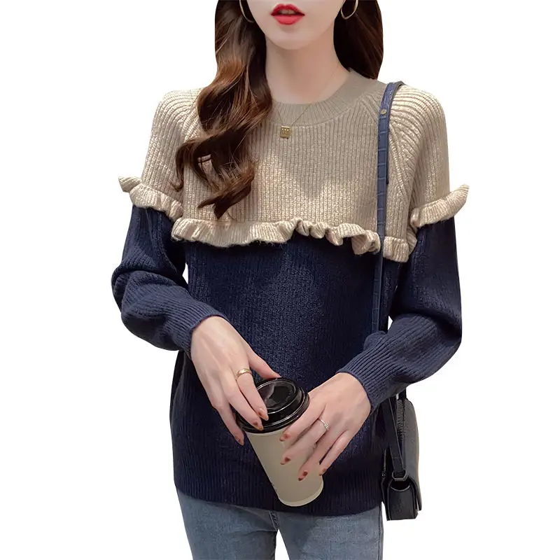 Women\'s Fashion Patchwork Ruffled Round Neck Pullover Sweater 2023 Autumn and Winter New Slim Long Sleeve All Match Knitted Tops