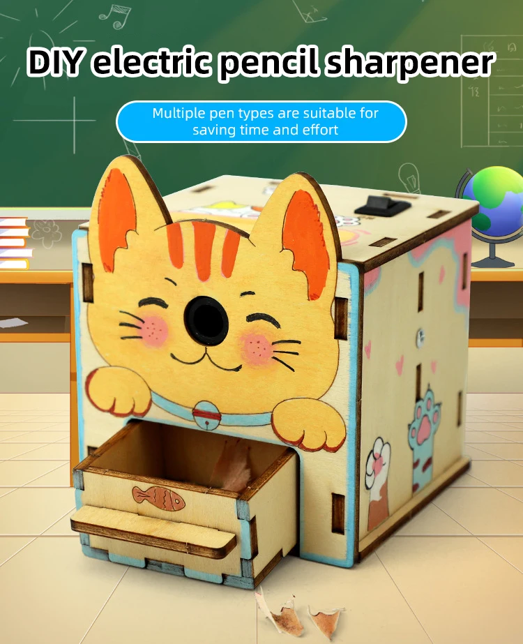 Diy apontador de lápis elétrico modelo brinquedos technologia ciência kit ferramenta experimental educacional jogos de quebra-cabeça de madeira para crianças