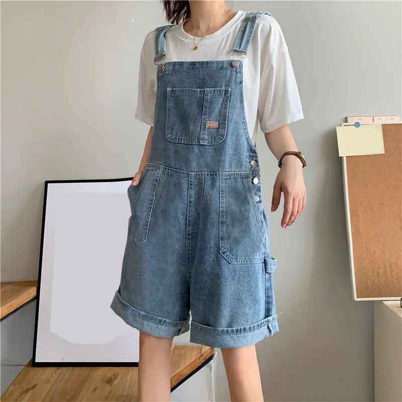 헐렁한 스트레이트 여름 백 데님 짧은 바지, 프레피 스트리트웨어, 하이 웨이스트 서스펜더, 5 포인트 점프수트