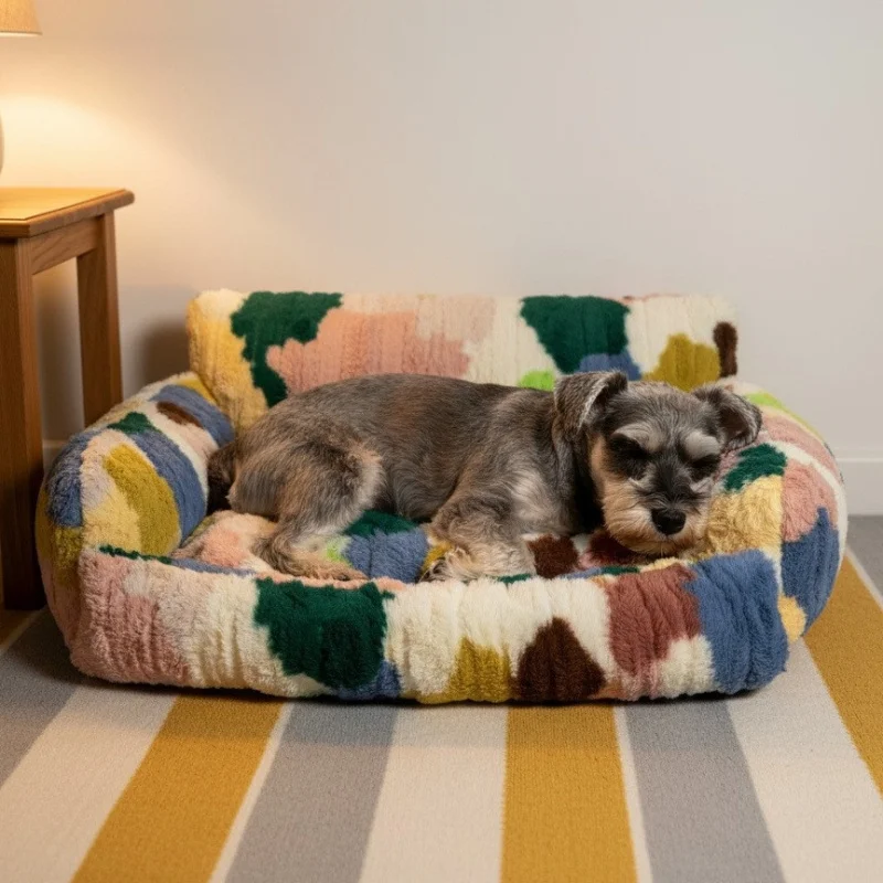 Rabbit fur patterned geometric print velvet fabric, faux rabbit fur autumn and winter pet bed for cats and dogs