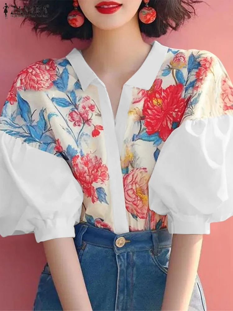 

Women Elegant Short Lantern Sleeve Flowers Shirts ZANZEA Summer Office Work Blouses Buttons Blusas Bohemain Holiday Tunic Tops