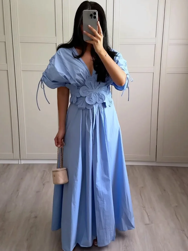 Summer Chic 3D Flower Raglan Sleeve Drawstring Lace Up Maxi Dress Elegant Women V Neck High Waisted Robes Chic Lady Party Gowns