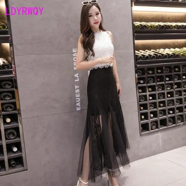 

Spring and Summer New Women's High Waist Lace Mesh Skirt Hem Half length Skirt