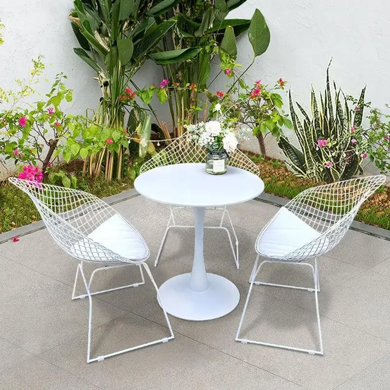 Outdoor Desk-Chair Combination Simple Courtyard Balcony Reception Internet-Famous Iron round Table Grid Chair Leisure Matching