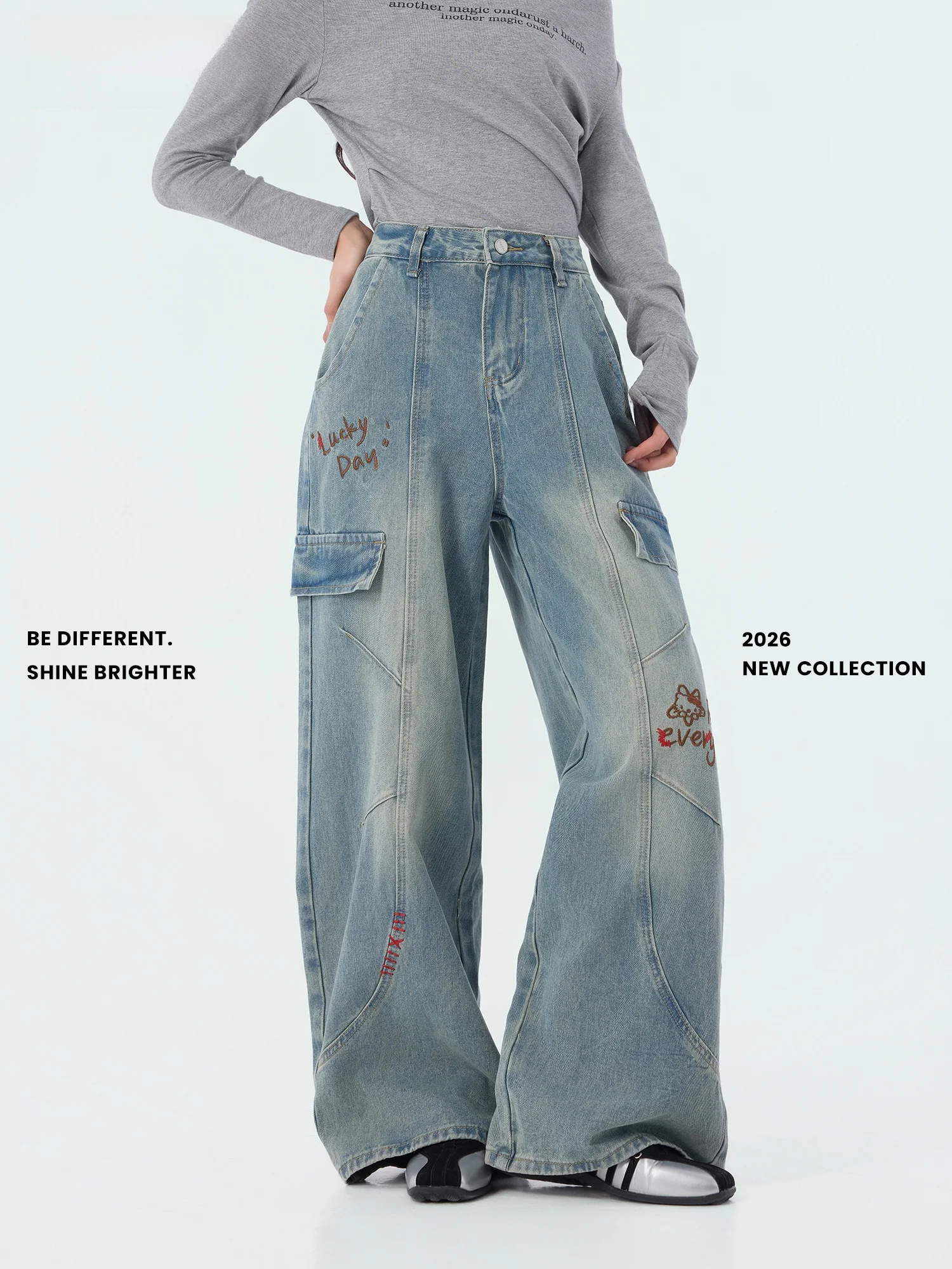 

Loose Casual Letter Print Straight Leg Jeans Work Pants Spring New Sle Women's Cotton Denim Pants with kets DiDi MAX