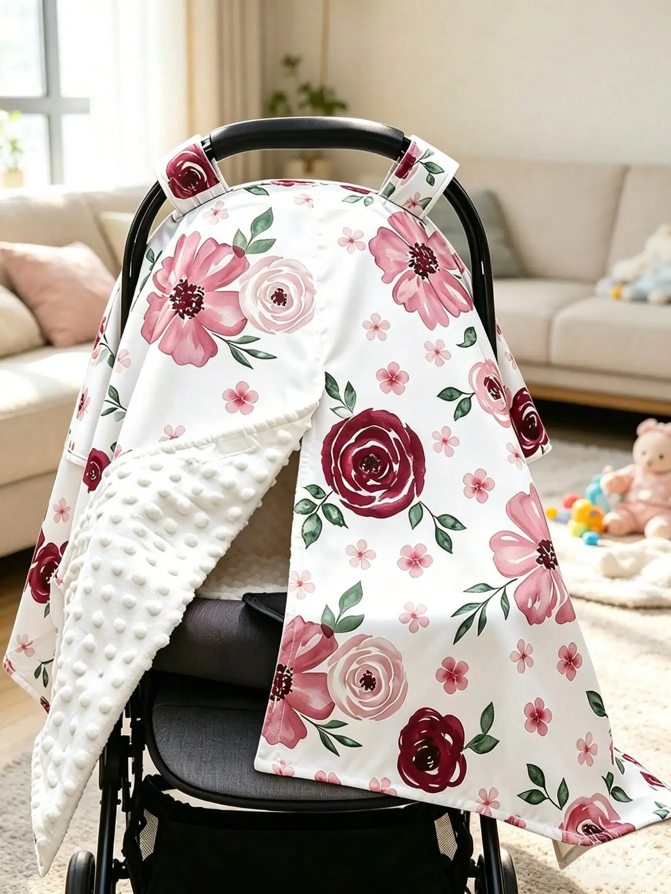 Red Rose Print Infant Car Seat Cover - Multifunctional Nursing Cover / Sunshade