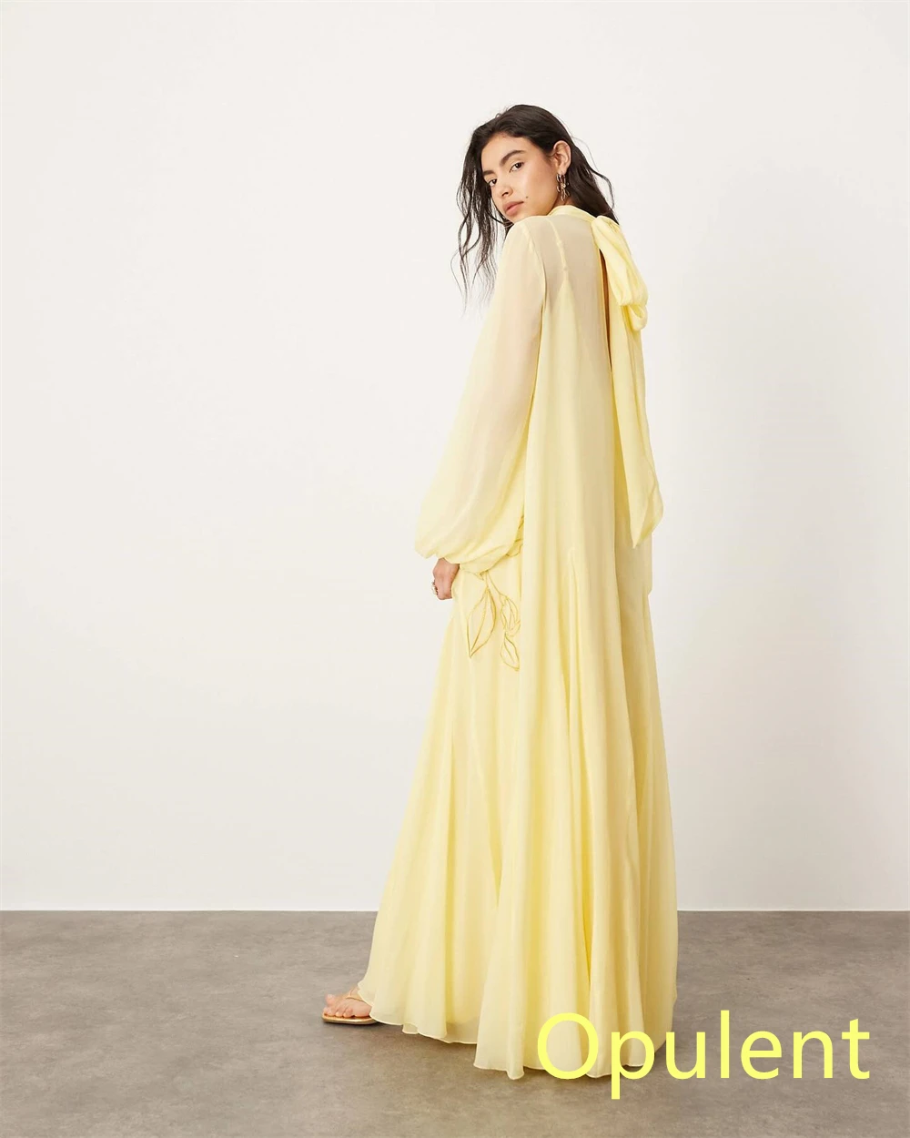 Customized  Exquisite Yellow Chiffon Evening Dress High Collar Long Sleeves Celebrity Gowns Vestido De Festa Appliques image 5