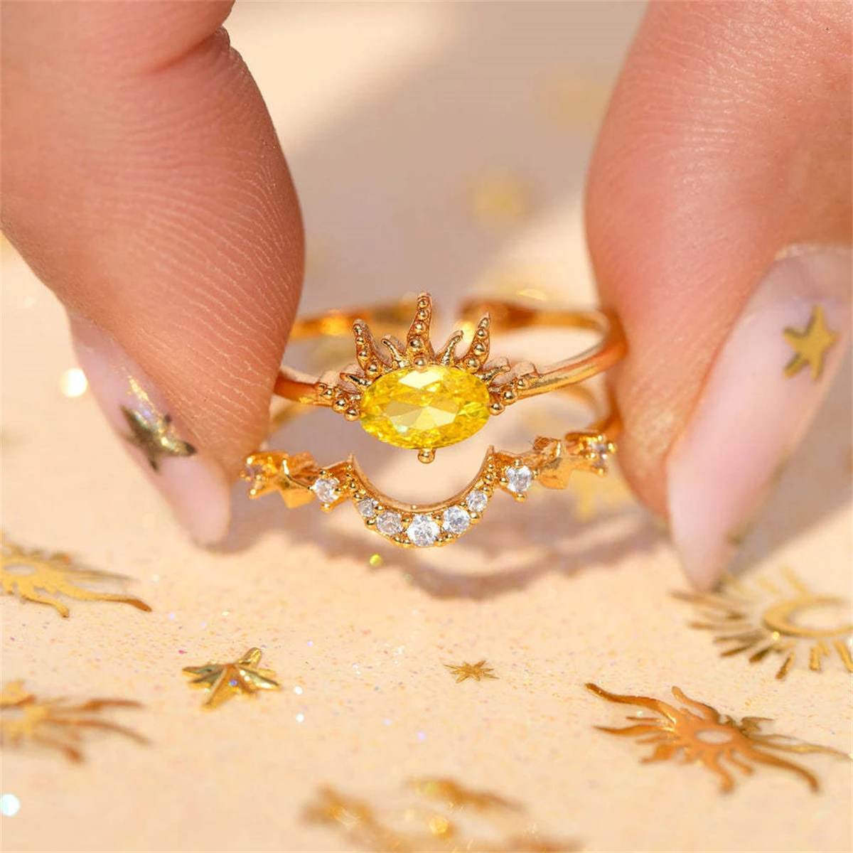 Ins خاتم الرياح الزركون الشمس القمر نجوم حالمة خرافة لطيف مجموعة حلقة زوج خاتم مطلية بالذهب اللون المحفوظ