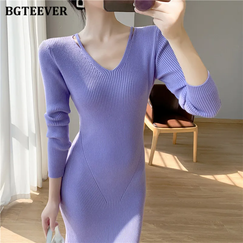 

BGTEEVER Elegant V-neck Long Sleeve Package Hip Women Knitted Dress Autumn Winter Stretched Female Bodycon Sweater Dress