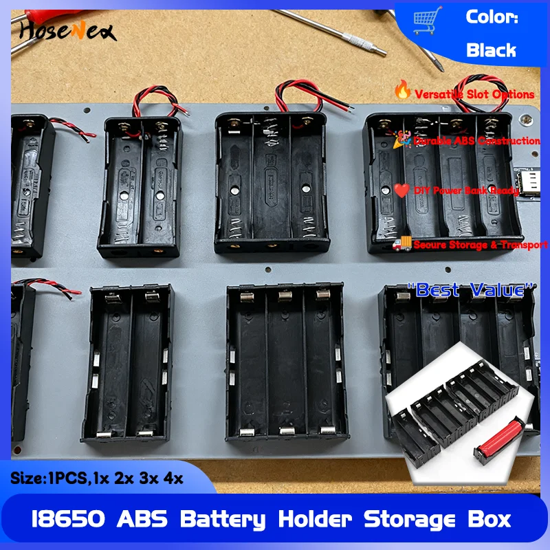 

18650 Battery Box 1 2 3 4 Slot, ABS Hard Plastic Holder Case & Organizer for 1x 2x 3x 4x Batteries, DIY Power Bank Shell Cover