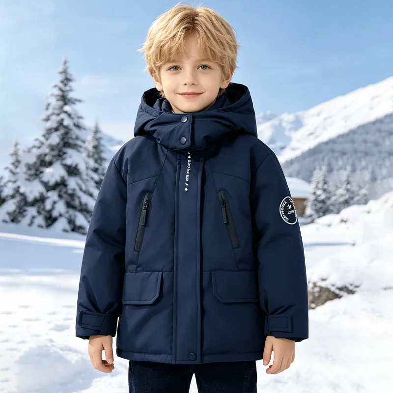 4-10 Years Kids Windproof Rainproof Hooded Cotton Jacket Boys Winter Letter Print Thick Warm Outdoor Sports Outerwear