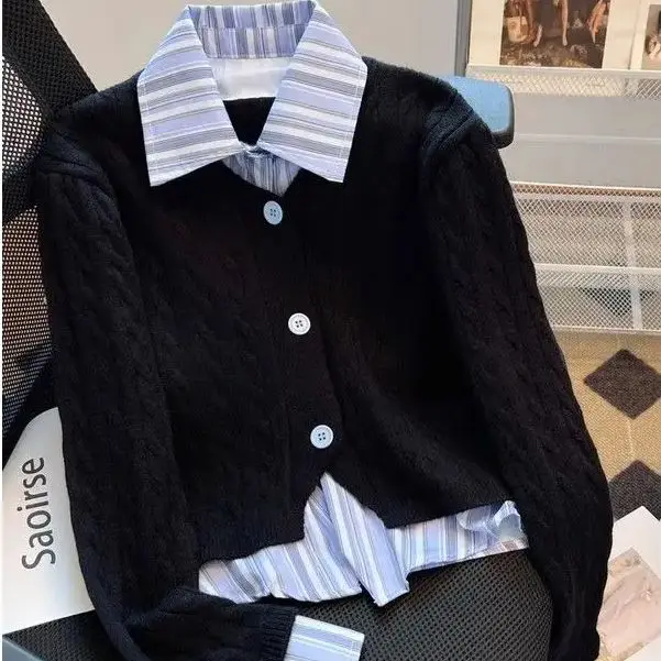 

Korean Version Fake Two-Piece Knitted Cardigan Sweater Pullover Striped Shirt Polo Collar Patchwork Chic Casual And Versatile