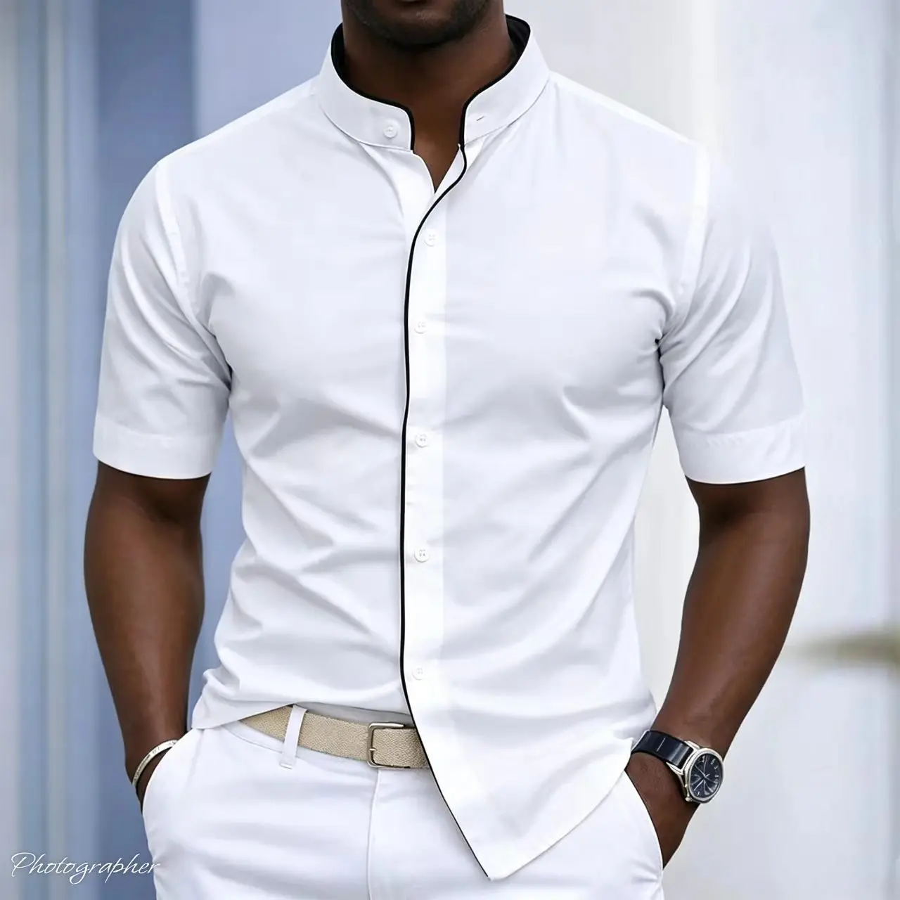 Men's High Neck Short Sleeved Shirt, Color Block Design, Slotted Cut, Casual Business Style, Comfortable and Fashionable