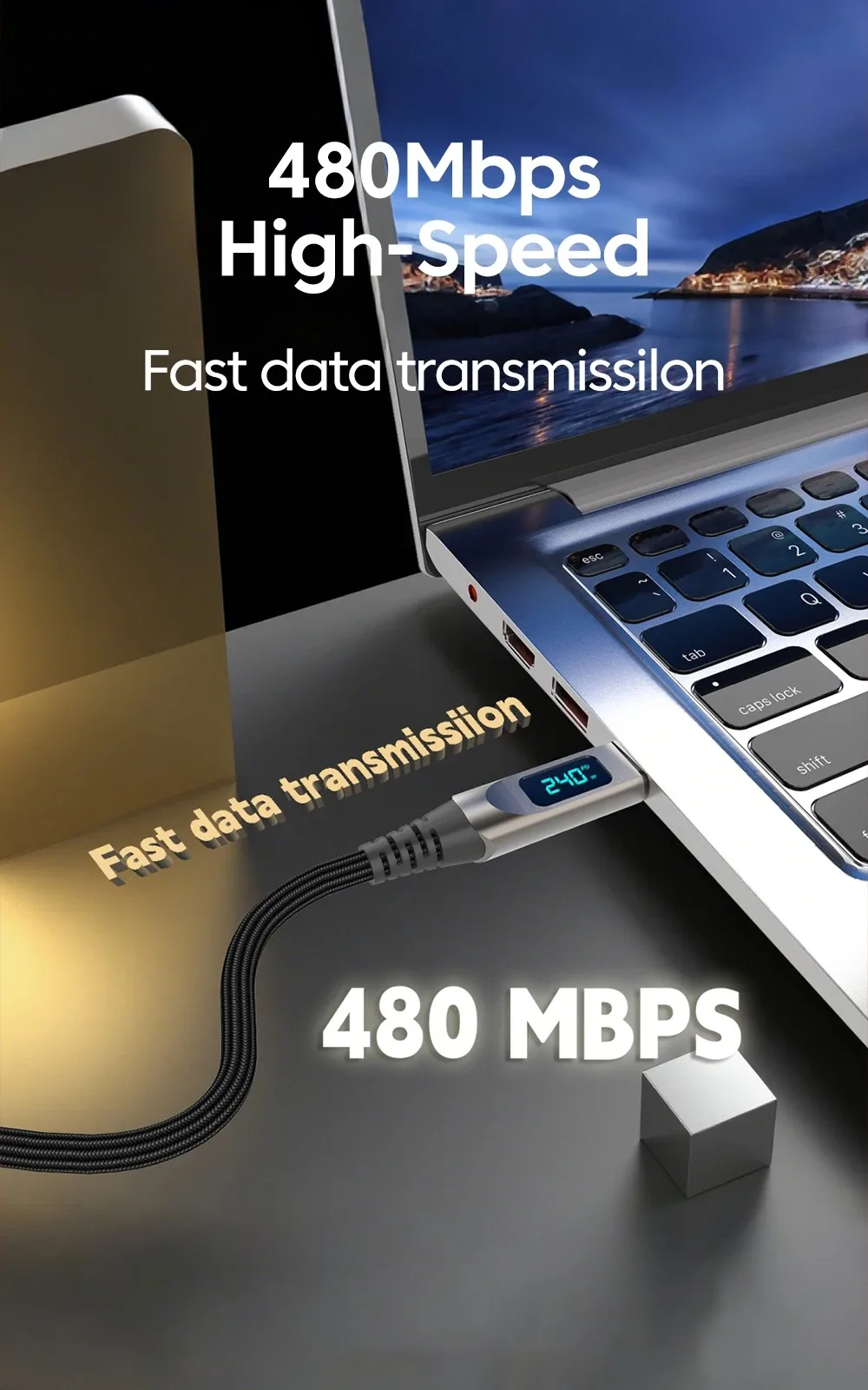 Digital Display USB C to USB C Cable 5A Type C to Type C Nylon Braided Data Cord PD Fast Charging for iPhone15 16 Samsung Xiaomi