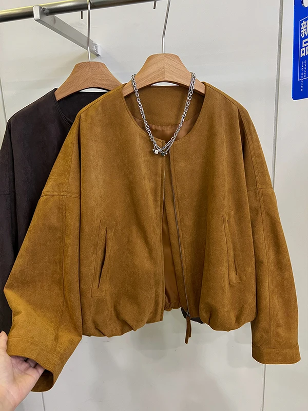 Elegant Short Suede Jacket Women's Loose Fit Compact Autumn Fashion Commute Style round Neck Zipper Closure No Hat Included
