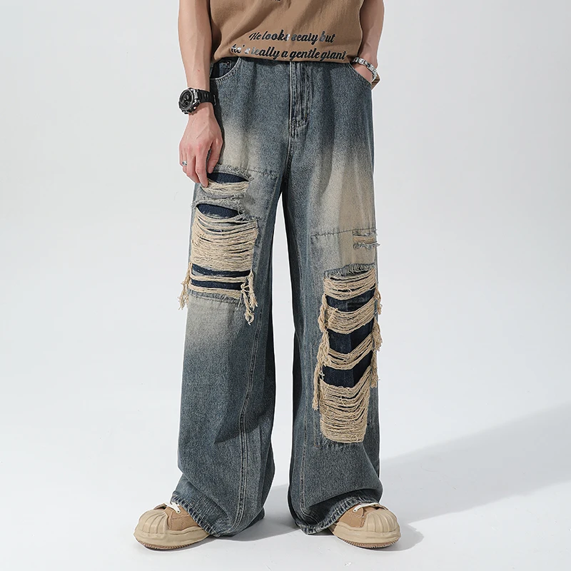 

New Men Streetwear Vintage Slim Fit Jeans Trousers Male Style Cotton High Quality Casual Straight Denim Ripped Pants W227