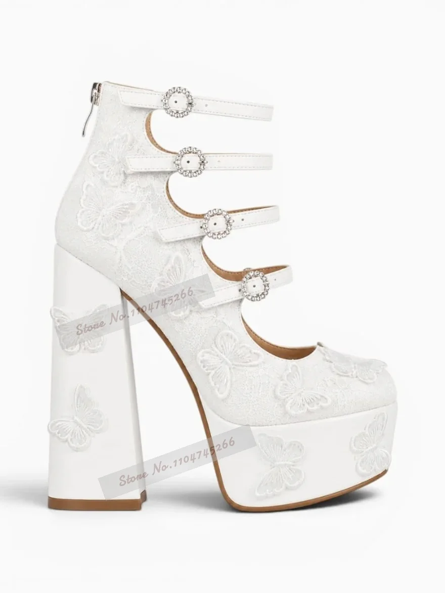 White Butterfly Lace Platform Heels Lotus Green Strange Chunky Heel Dress Pumps High Platform Embroidered Crystal Buckle Shoes view 6