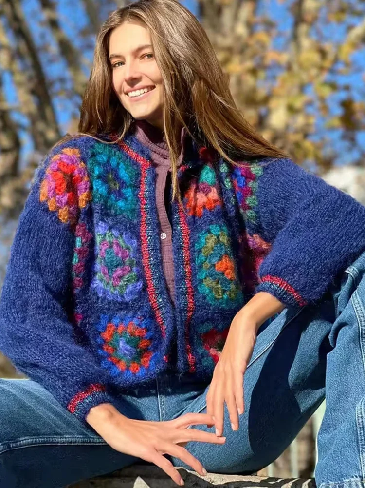 Gypsylady Knitted Block Pattern Sweater Cardigan Handmade Crochet Women Bohemian Cardigan Laides Dames Autumn Blue Bobo Coats