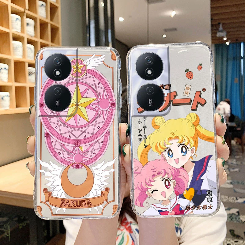 Capas transparentes claras do telefone do silicone, anime dos desenhos animados, marinheiros, luas, coelho, meninas, gato, huawei honra 90, smart x7b, 4g, 5g