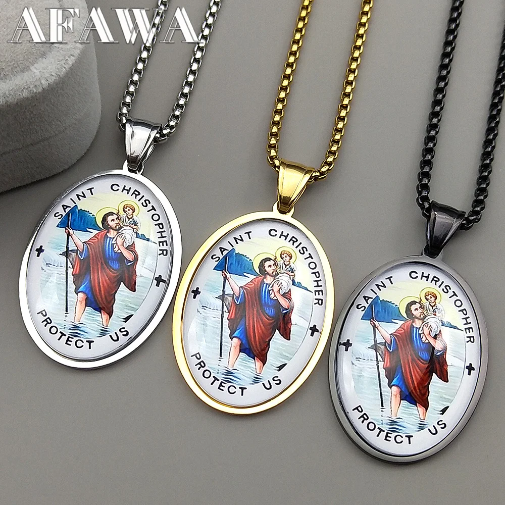

Saint Christopher Protect Us Glass Medal Pendant Necklace for Women Men Stainless Steel Gold Color Catholic Traveler Jewelry