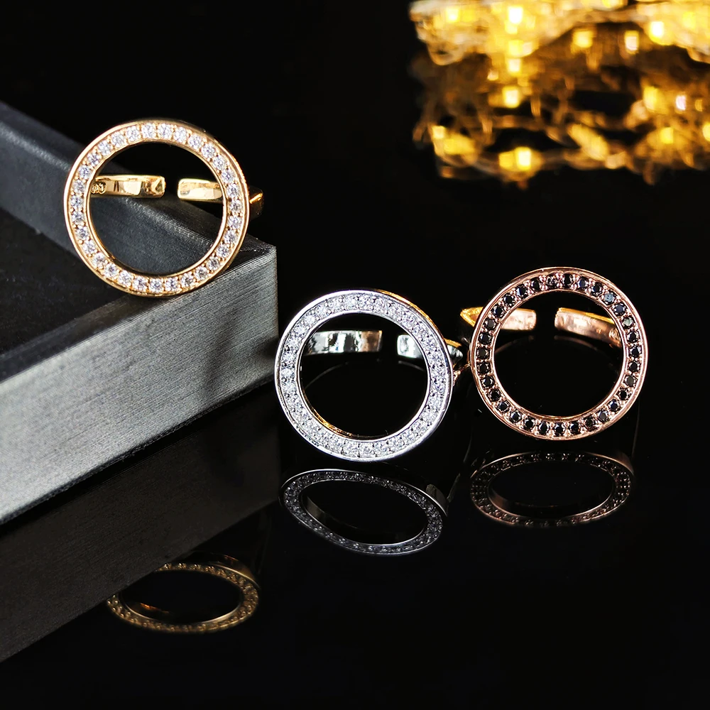 Big Rose Gold Silver Color Black Zirconia Promise Fashion Adjustable Open Rings for Women Finger Trendy Love Gift Jewelry R4677