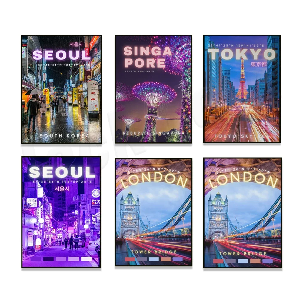 Tokyo, Seoul, Singapore, London, South Korea neon light effect poster, London wonderland, urban flat sci-fi poster, travel poste