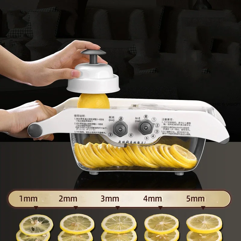 Adjustable Lemon Slicer Multifunctional Manual Vegetable Fruit Cutter Julienne Tool with Basket Kitchen Gadget